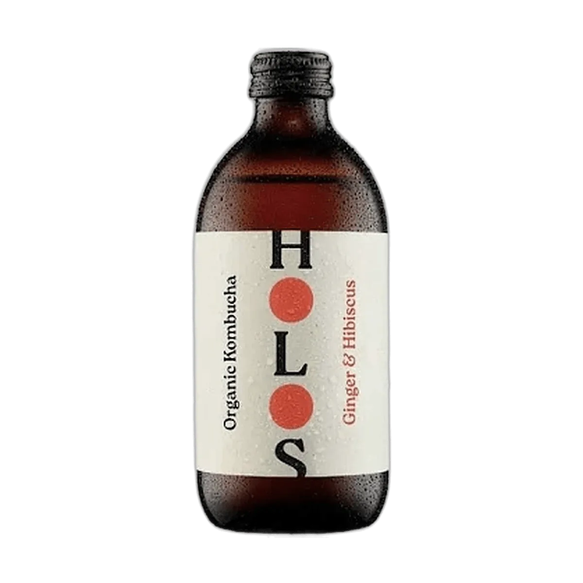 HOLOS Ginger & Hibiscus raw kombucha in an amber 330ml glass bottle with a black cap and a cream label with red dots.