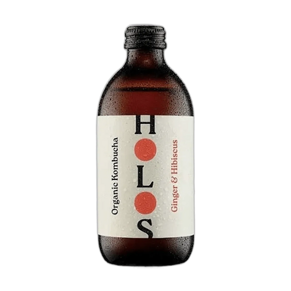HOLOS Ginger & Hibiscus raw kombucha in an amber 330ml glass bottle with a black cap and a cream label with red dots.