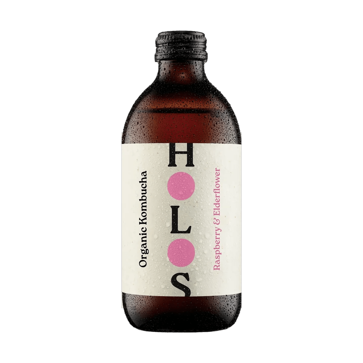 HOLOS Raspberry & Elderflower raw kombucha in an amber 330ml glass bottle with a black cap and a cream label with pink dots.