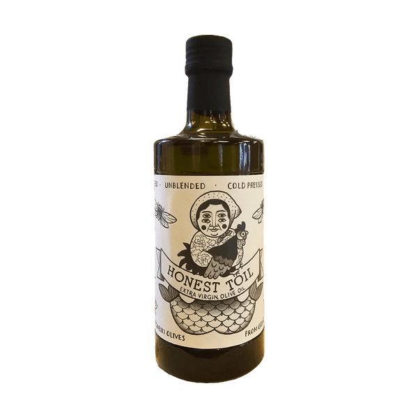 Honest Toil high-polyphenol Greek extra virgin olive oil in a 500ml dark glass bottle with an illustrated cream label.