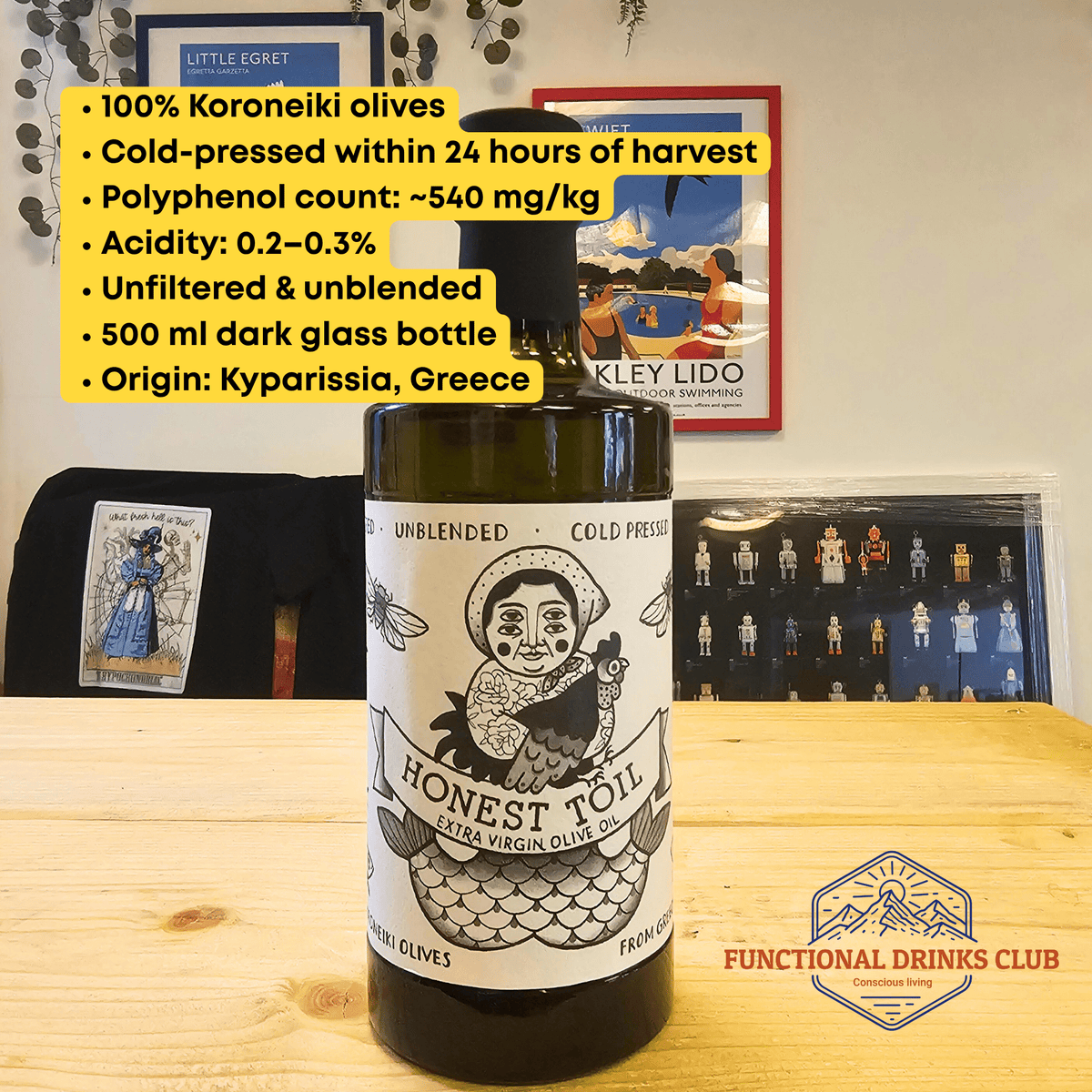 Honest Toil High - Polyphenol Greek Extra Virgin Olive Oil (500 ml) - Functional Drinks Club
