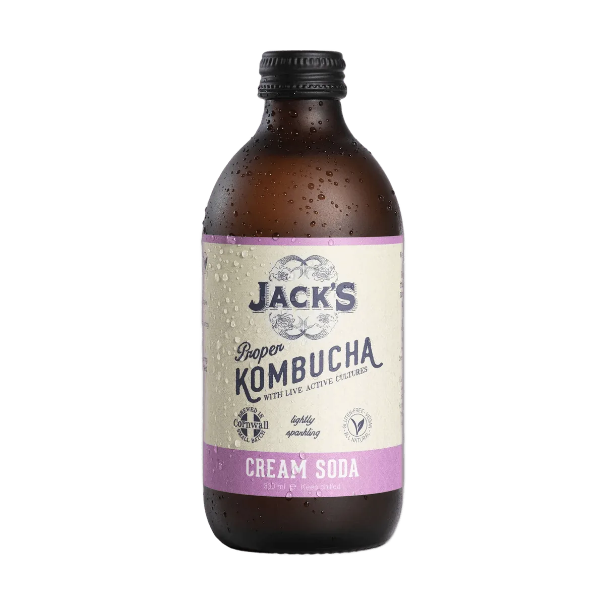 Jack's Cream Soda raw kombucha in an amber 330ml glass bottle with a black cap and a cream label with a lilac flavour band.