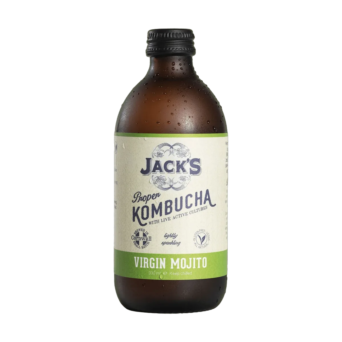 Jack's Virgin Mojito raw kombucha in an amber 330ml glass bottle with a black cap and a cream label with a lime green flavour band.
