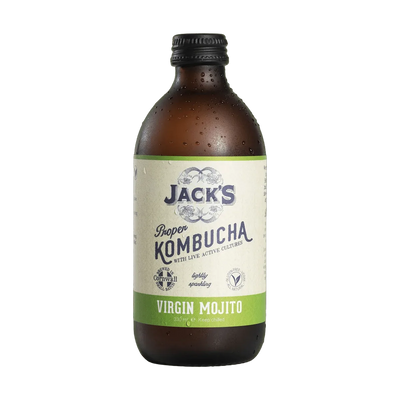 Jack's Virgin Mojito raw kombucha in an amber 330ml glass bottle with a black cap and a cream label with a lime green flavour band.