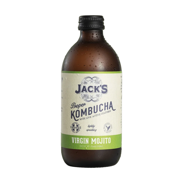 Jack's Virgin Mojito raw kombucha in an amber 330ml glass bottle with a black cap and a cream label with a lime green flavour band.