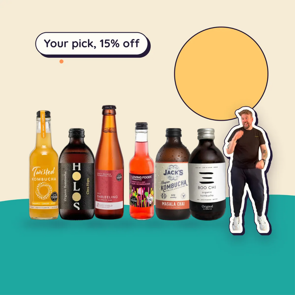 A pick-and-mix of raw kombucha from Twisted, HOLOS, Left Field, Loving Foods, Jack's and Boo Chi, with Kev: your pick, 15% off