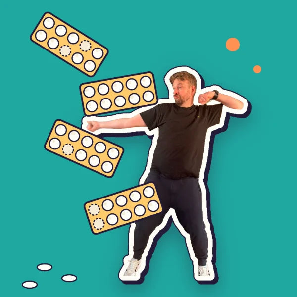 Kev batting away flying blister packs of tablets: the antacid habit