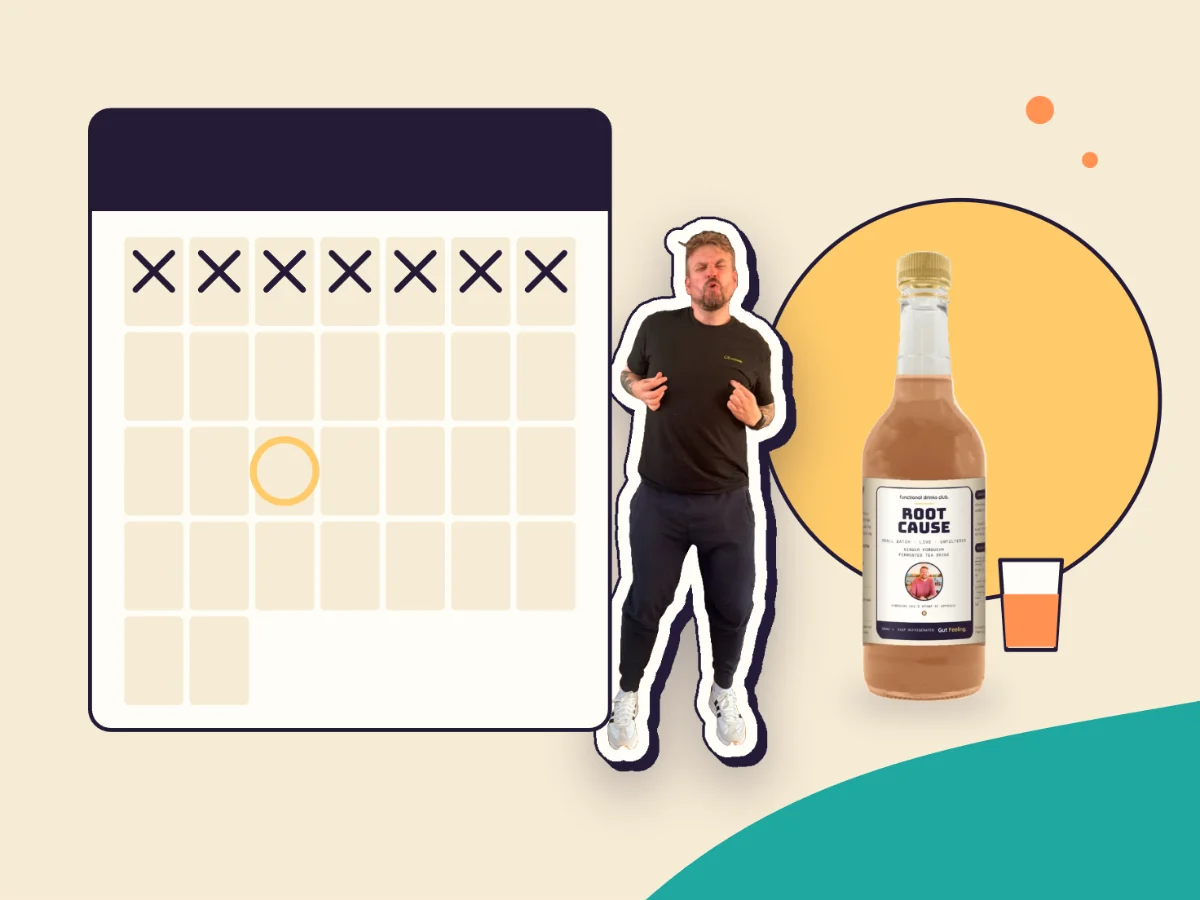 Kev pointing at a wall calendar with the first week crossed off, beside Gut Feeling Root Cause and a small glass