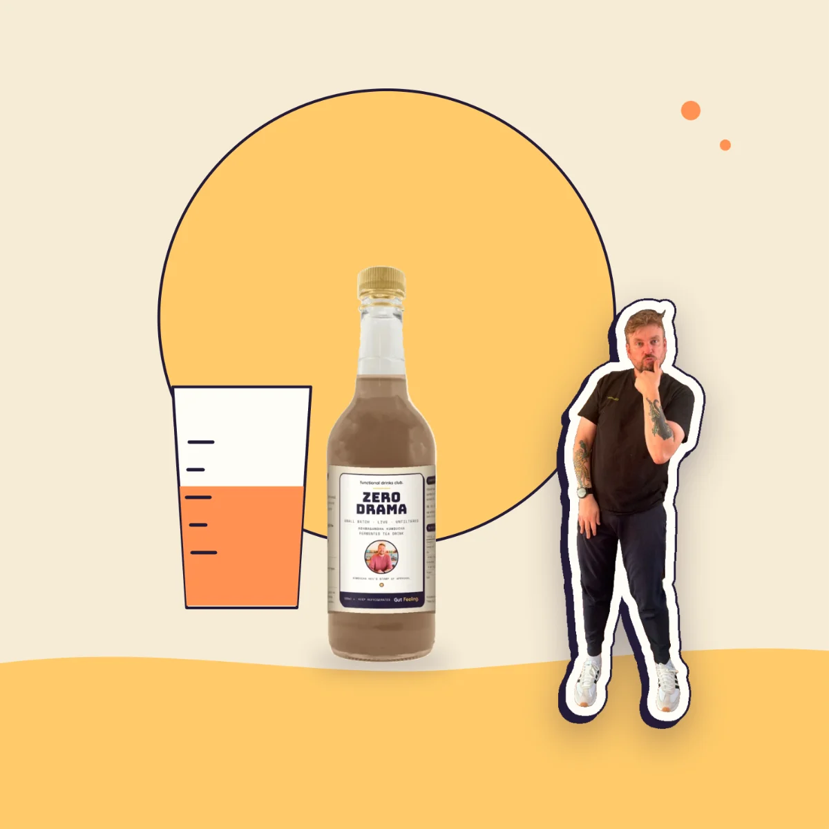 A small glass of kombucha measured to about 200ml beside a bottle of Gut Feeling Zero Drama, with Kev