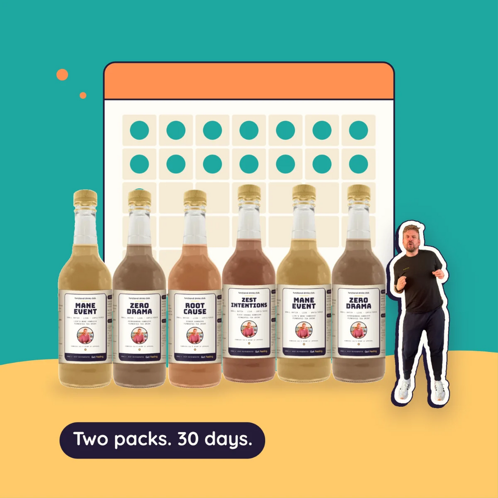 Six bottles of Gut Feeling kombucha in front of a calendar, with Kev: two packs cover the 30 days