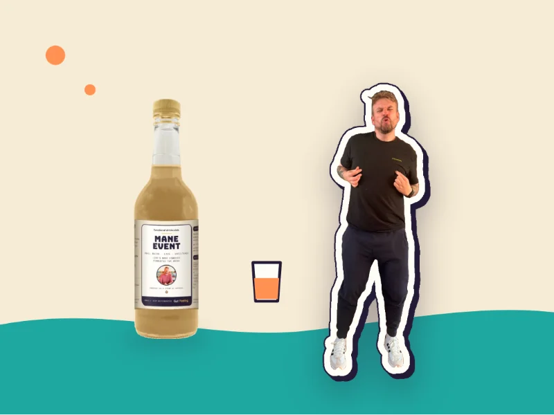 Week one: Kev beside a bottle of Gut Feeling Mane Event and his first small glass