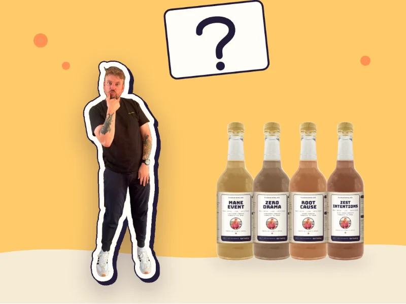 Week four: Kev having a think, with a scorecard question mark above him, beside the four Gut Feeling bottles