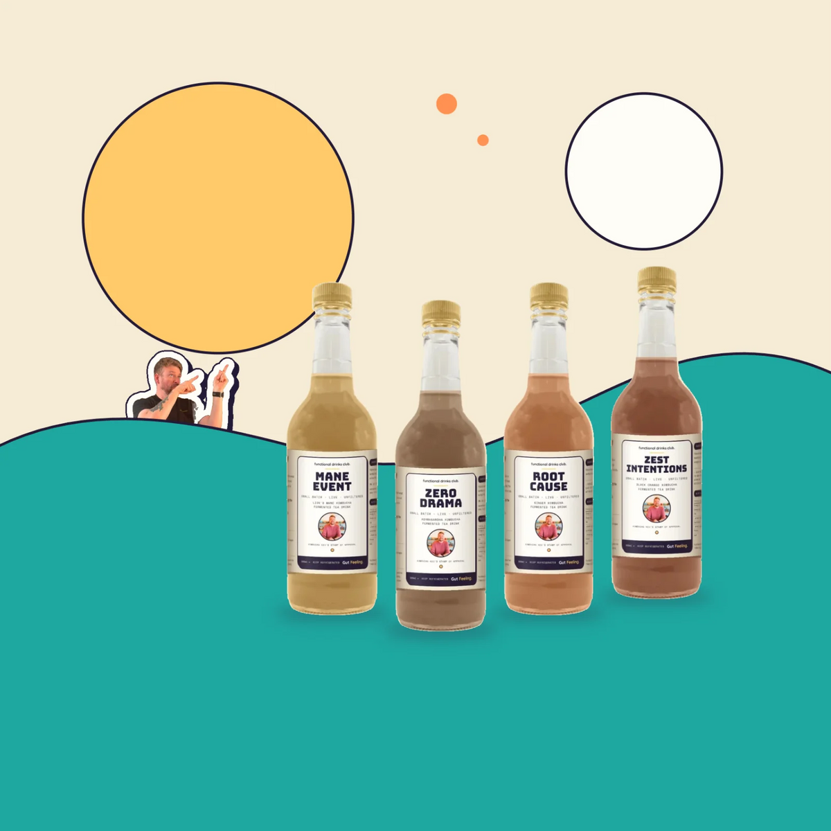 Kev's Gut Feeling raw kombucha range: Mane Event, Zero Drama, Root Cause and Zest Intentions on a teal wave, with Kev pointing