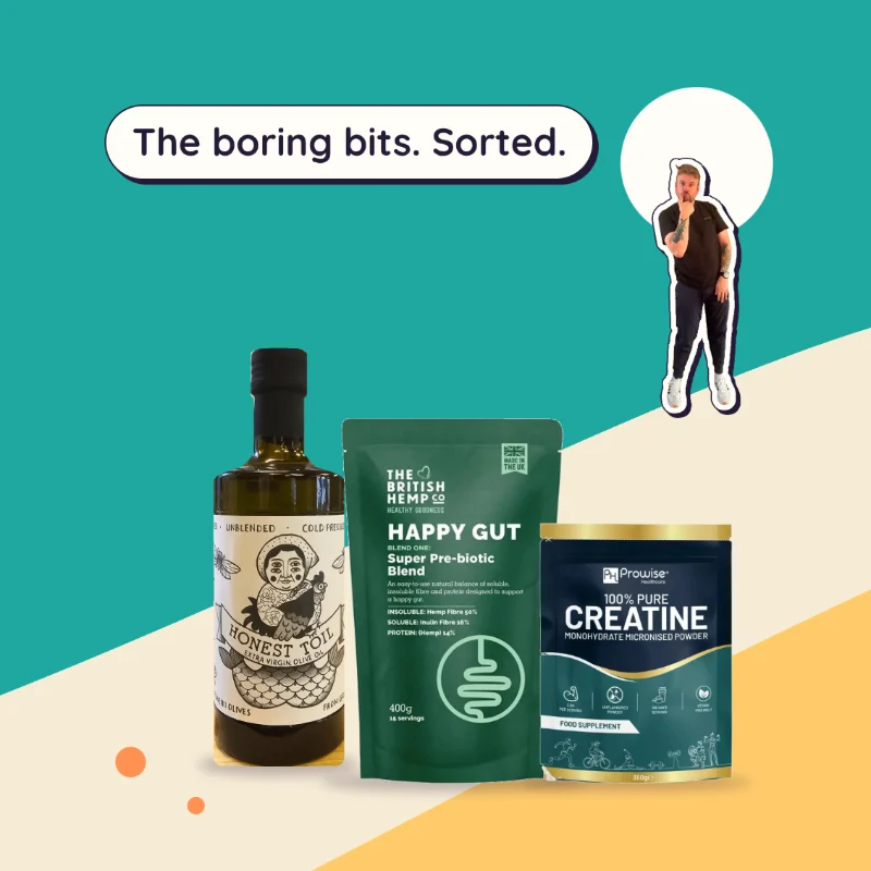 Gut health basics: Honest Toil extra virgin olive oil, British Hemp Co Happy Gut fibre and Prowise creatine