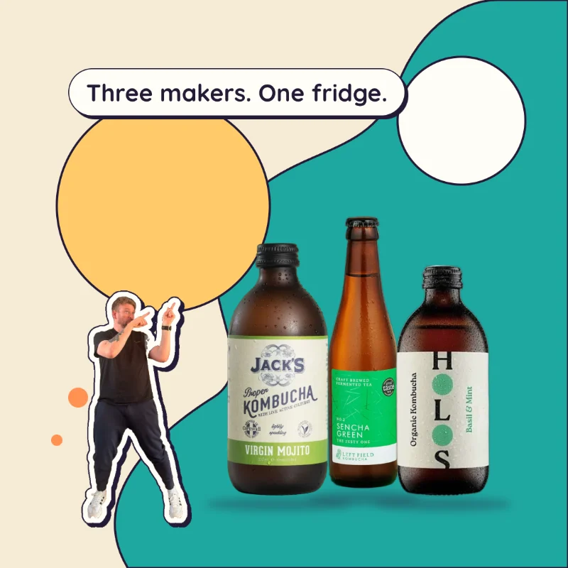 Raw kombucha from three makers: Jack's Virgin Mojito, Left Field Sencha Green and Holos Basil and Mint