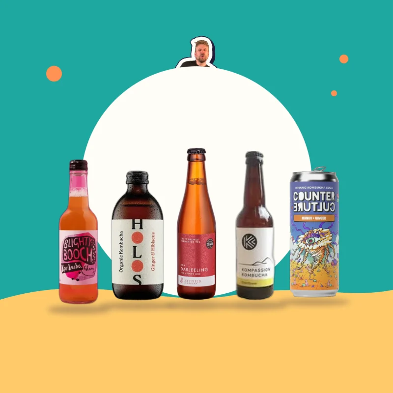 Kombucha from five of our makers: Blighty Booch, Holos, Left Field, Kompassion and Counter Culture, with Kev peeking over