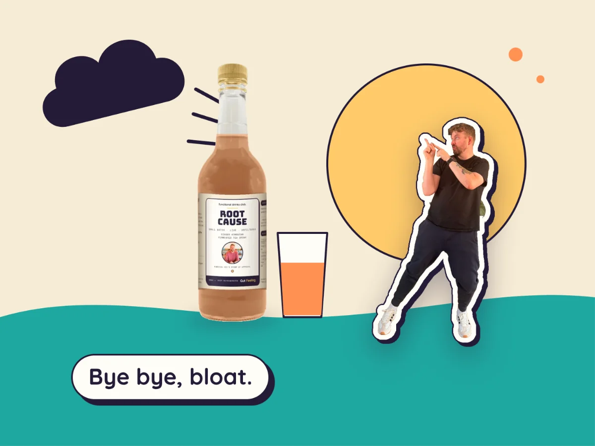 Gut Feeling Root Cause ginger kombucha and a small glass, with Kombucha Kev kicking a storm cloud away: bye bye, bloat