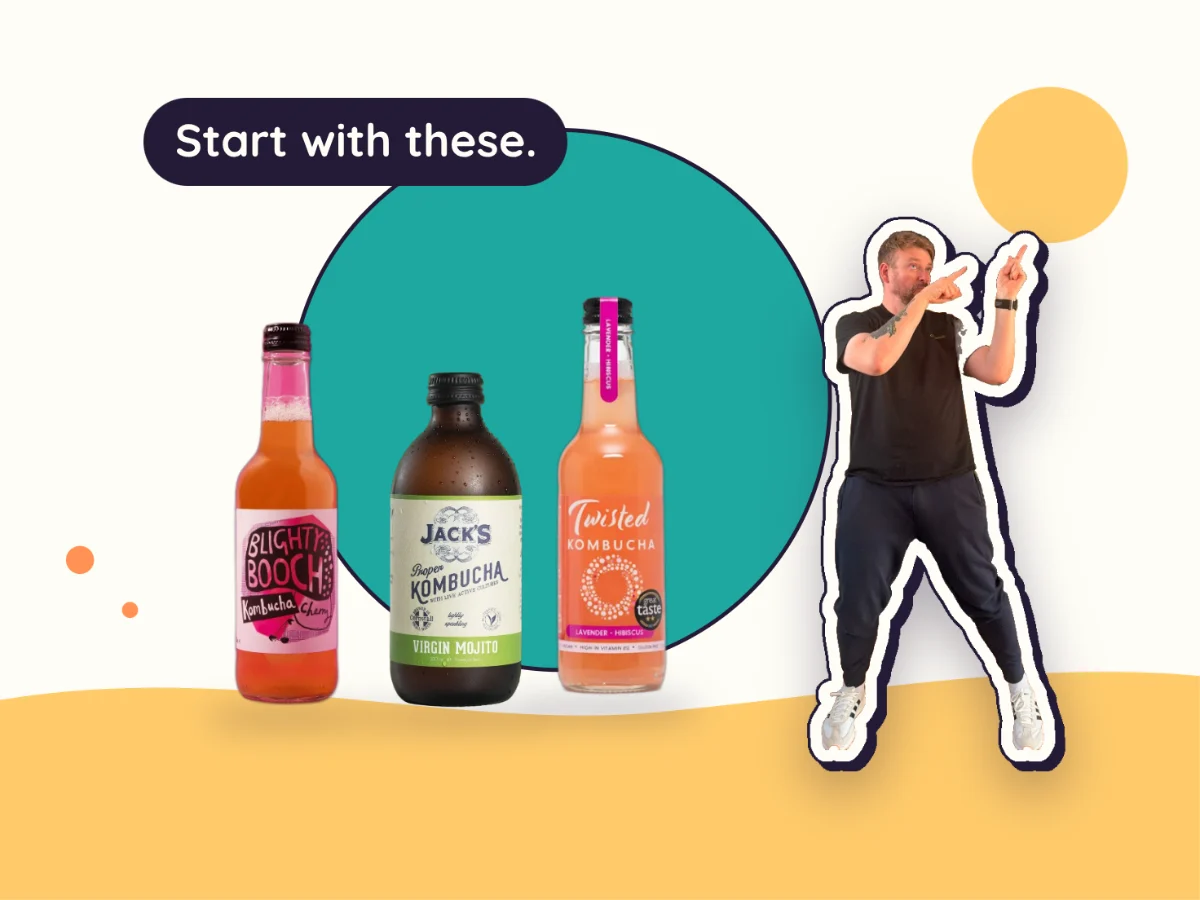Three easy kombuchas to start with, Blighty Booch Cherry, Jack's Virgin Mojito and Twisted Lavender and Hibiscus, with Kombucha Kev pointing: start with these