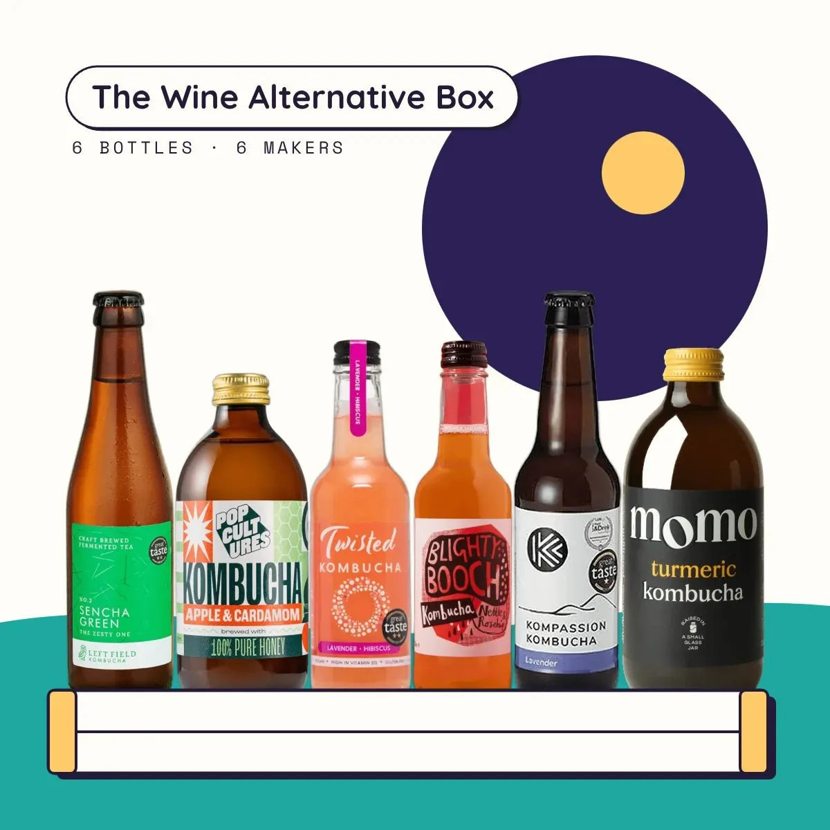 The Wine Alternative Box: six raw kombuchas from six makers, Left Field, Pop Cultures, Twisted, Blighty Booch, Kompassion and MOMO