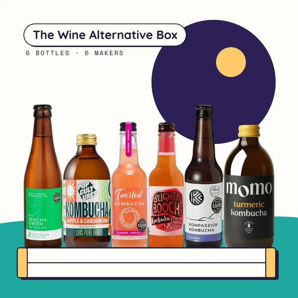 The Wine Alternative Box: six raw kombuchas from six makers, Left Field, Pop Cultures, Twisted, Blighty Booch, Kompassion and MOMO