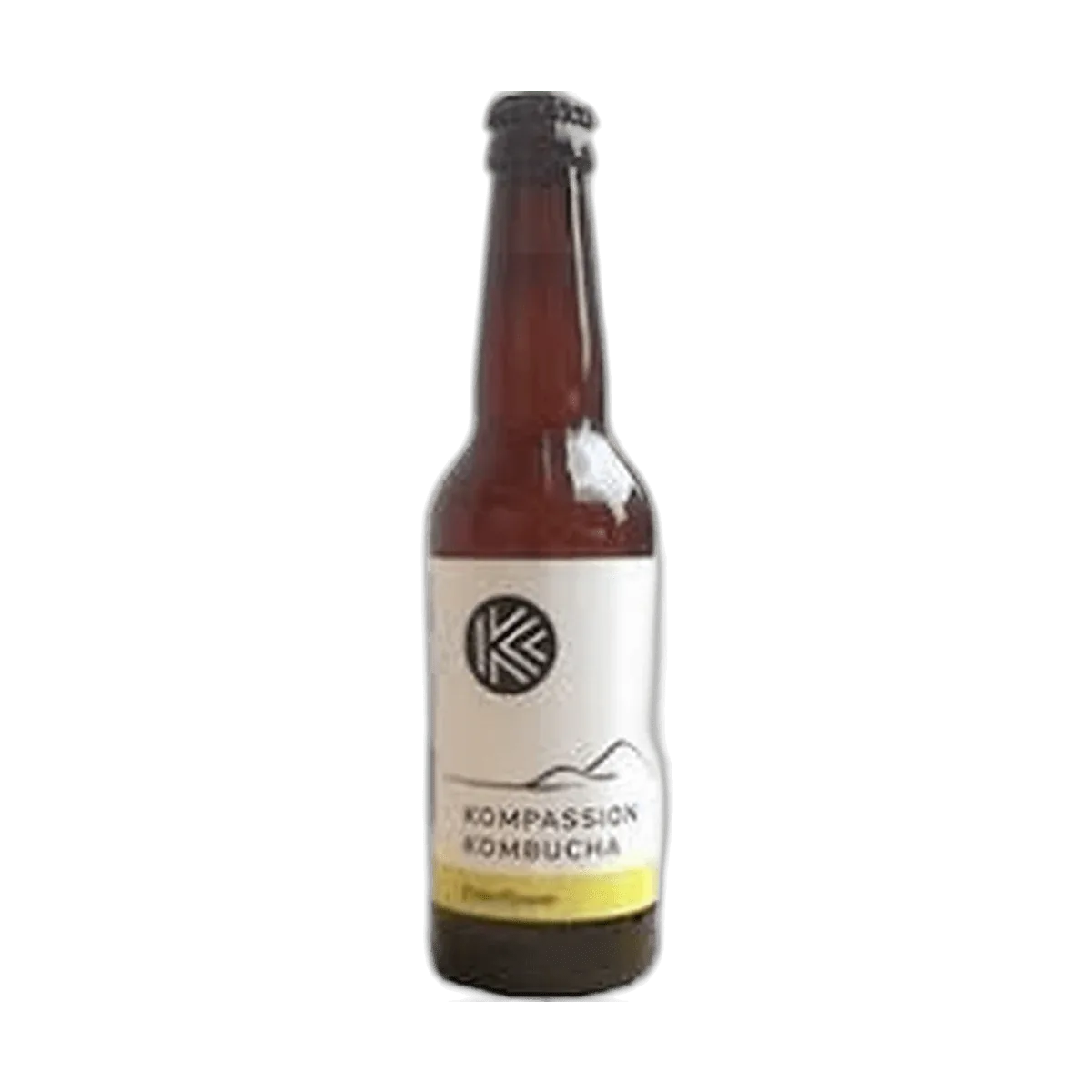 Kompassion Elderflower raw kombucha in a tall amber 330ml glass bottle with a black cap and a white label with a yellow flavour band.