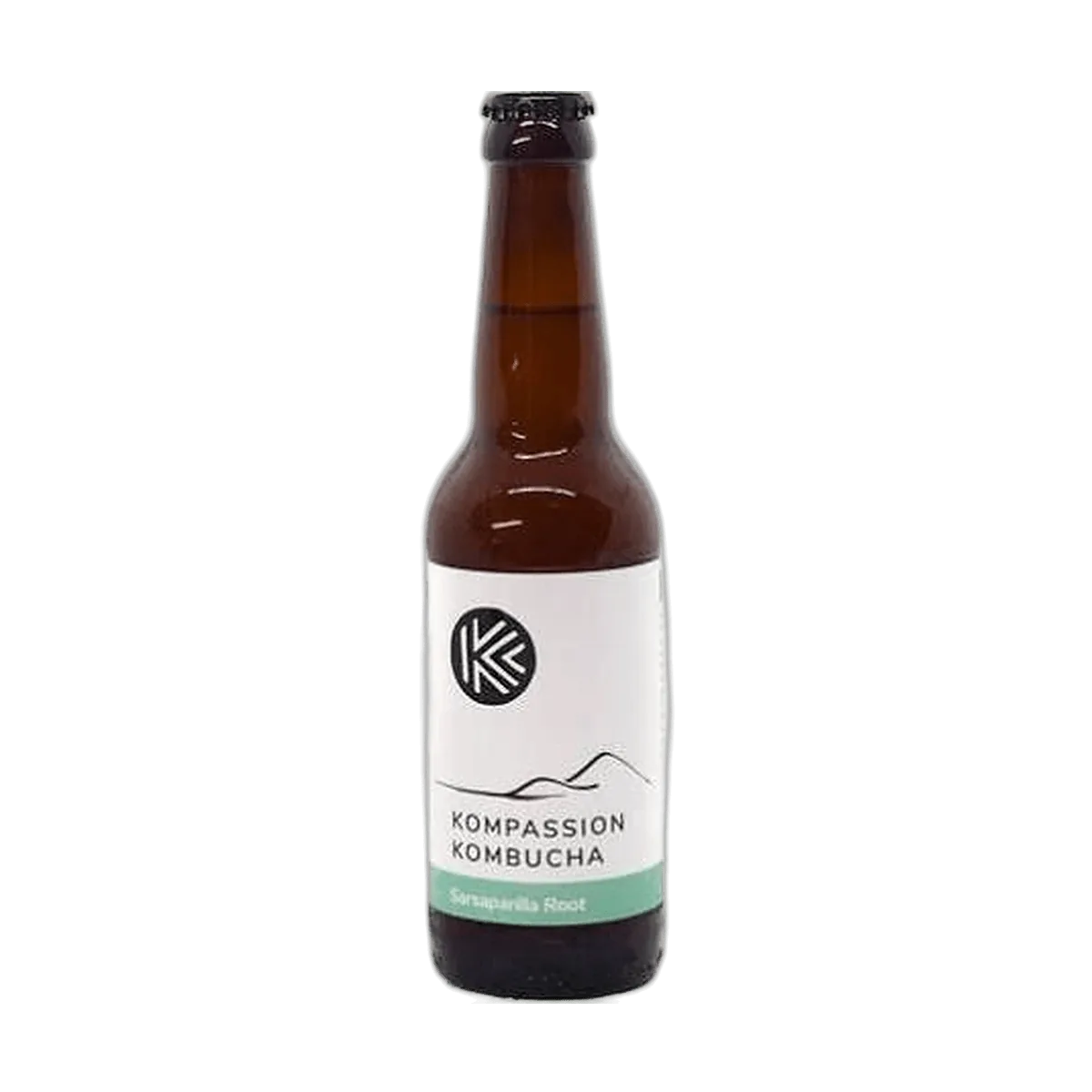 Kompassion Sarsaparilla Root raw kombucha in a tall amber 330ml glass bottle with a black cap and a white label with a sea green flavour band.