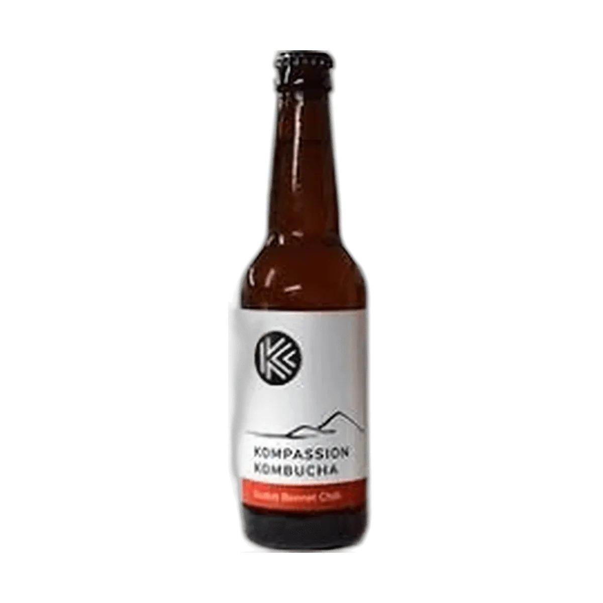 Kompassion Scotch Bonnet Chilli raw kombucha in a tall amber 330ml glass bottle with a black cap and a white label with a red flavour band.