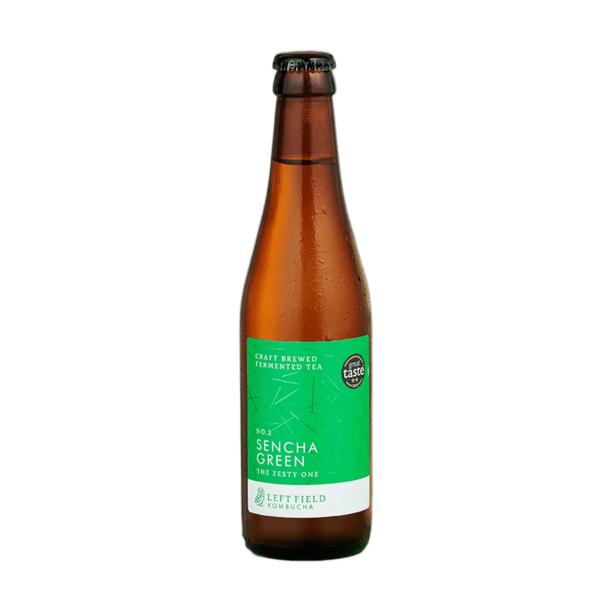 Left Field No.2 Sencha Green raw kombucha in a tall amber 330ml glass bottle with a black cap and a bright green label with a fine line pattern.