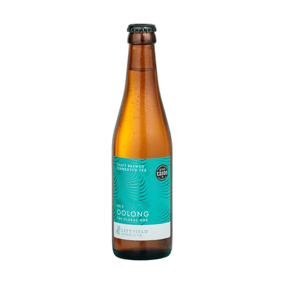 Left Field No.3 Oolong raw kombucha in a tall amber 330ml glass bottle with a black cap and a turquoise swirl-patterned label.