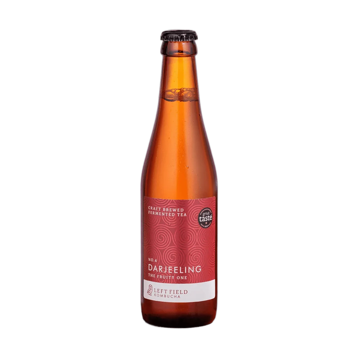 Left Field No.4 Darjeeling raw kombucha in a tall amber 330ml glass bottle with a black cap and a deep red swirl-patterned label.