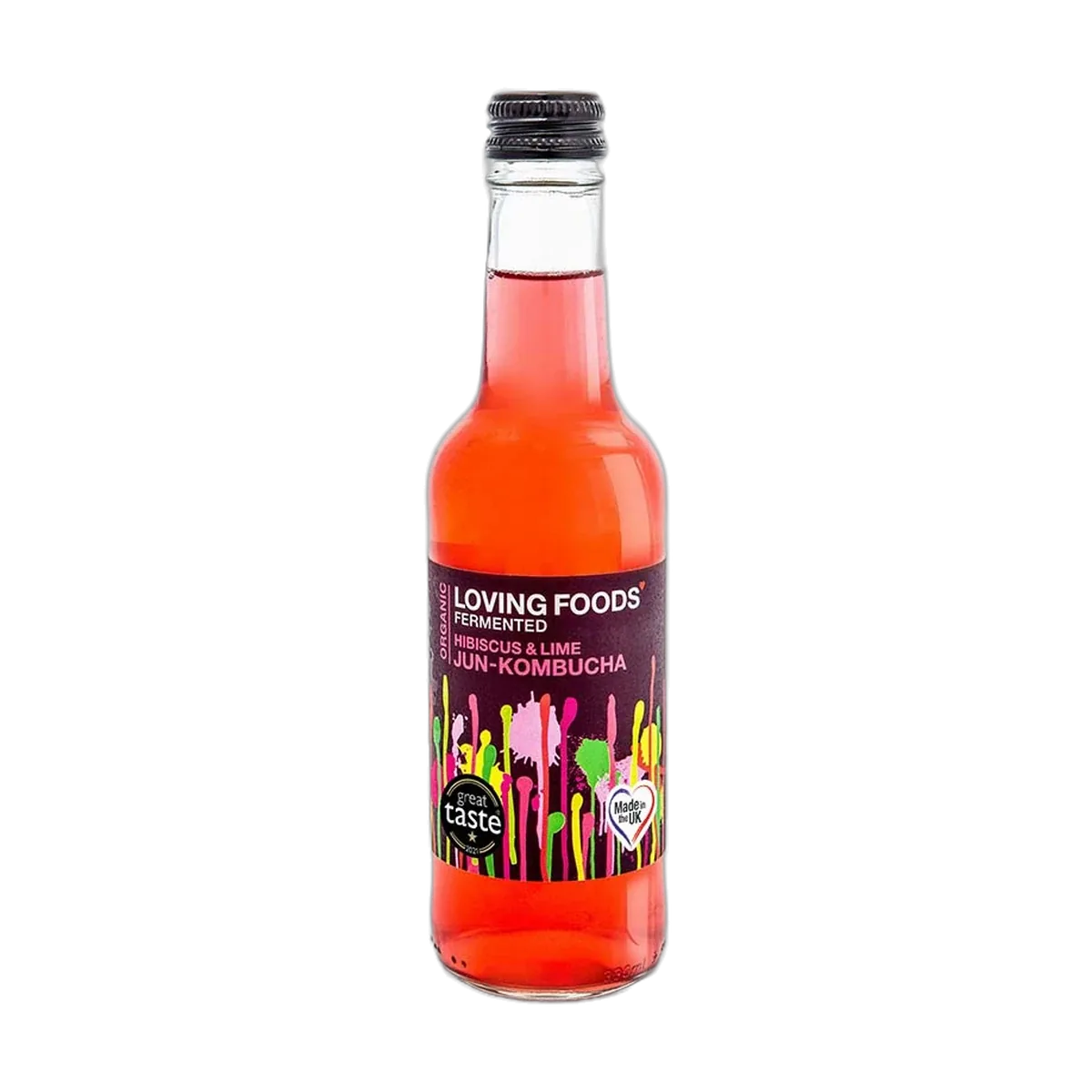 Loving Foods Hibiscus & Lime raw jun kombucha in a clear 330ml glass bottle with a black cap and a deep plum label with pink paint-drip artwork.