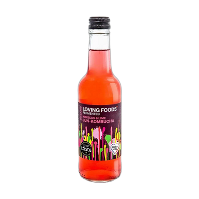 Loving Foods Hibiscus & Lime raw jun kombucha in a clear 330ml glass bottle with a black cap and a deep plum label with pink paint-drip artwork.