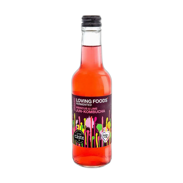 Loving Foods Hibiscus & Lime raw jun kombucha in a clear 330ml glass bottle with a black cap and a deep plum label with pink paint-drip artwork.