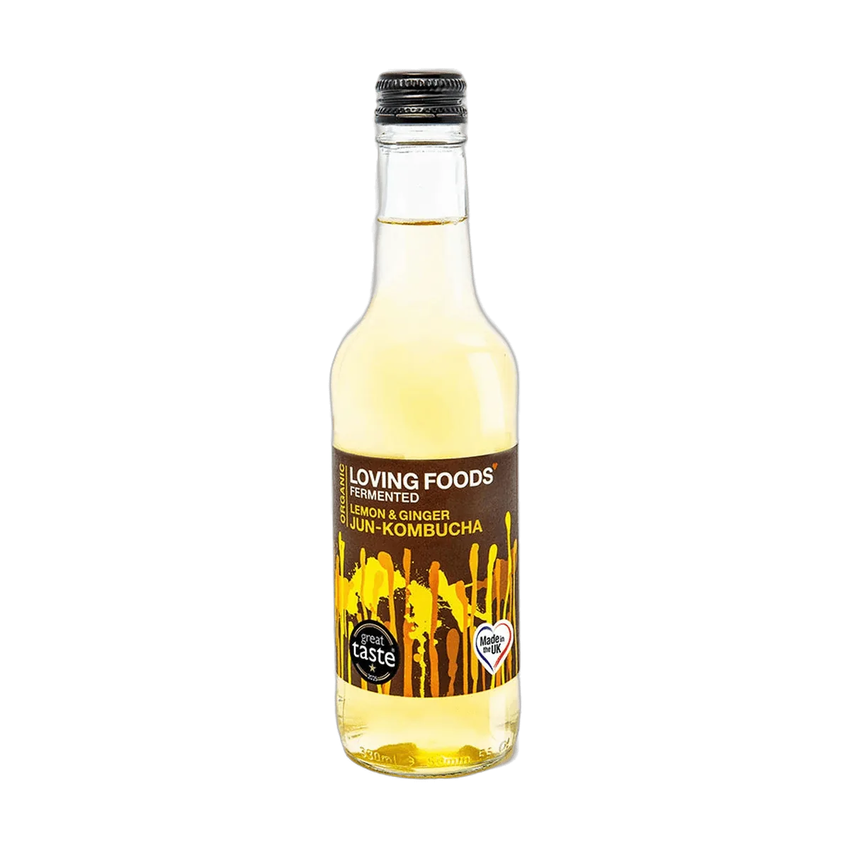 Loving Foods Lemon & Ginger raw jun kombucha in a clear 330ml glass bottle with a black cap and a dark brown label with yellow paint-drip artwork.