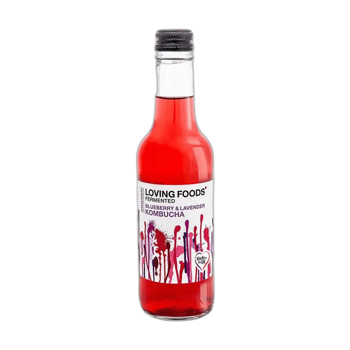 Loving Foods Blueberry & Lavender raw kombucha in a clear 330ml glass bottle with a black cap and a white label with purple and red paint-drip artwork.