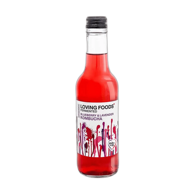 Loving Foods Blueberry & Lavender raw kombucha in a clear 330ml glass bottle with a black cap and a white label with purple and red paint-drip artwork.