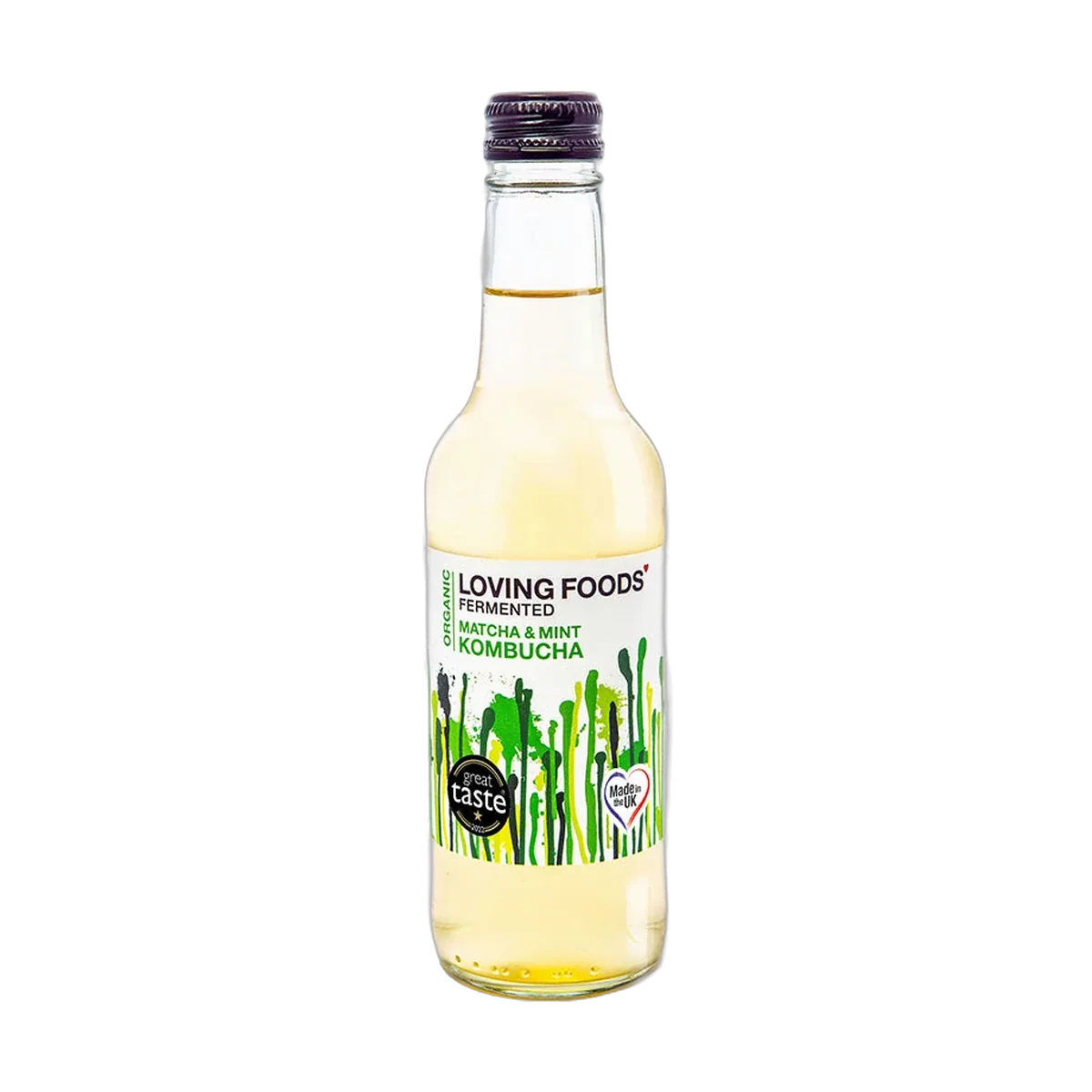Loving Foods Matcha & Mint raw kombucha in a clear 330ml glass bottle with a dark purple cap and a white label with green paint-drip artwork.