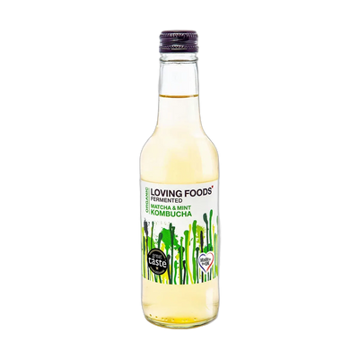 Loving Foods Matcha & Mint raw kombucha in a clear 330ml glass bottle with a dark purple cap and a white label with green paint-drip artwork.