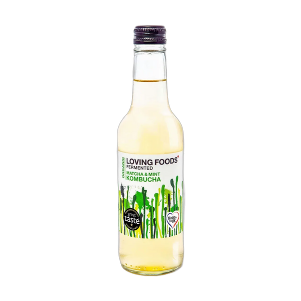 Loving Foods Matcha & Mint raw kombucha in a clear 330ml glass bottle with a dark purple cap and a white label with green paint-drip artwork.