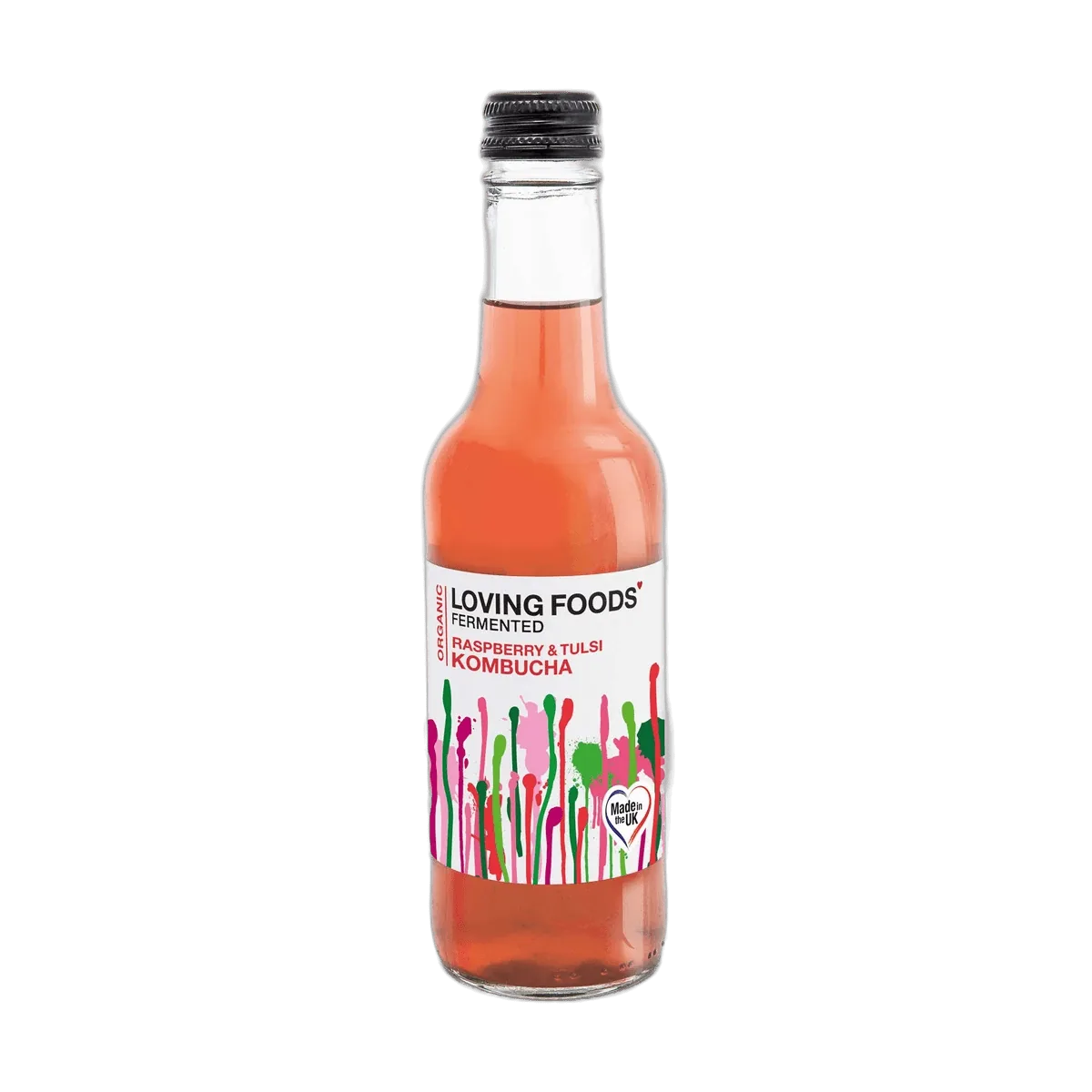Loving Foods Raspberry & Tulsi raw kombucha in a clear 330ml glass bottle with a black cap and a white label with pink and green paint-drip artwork.
