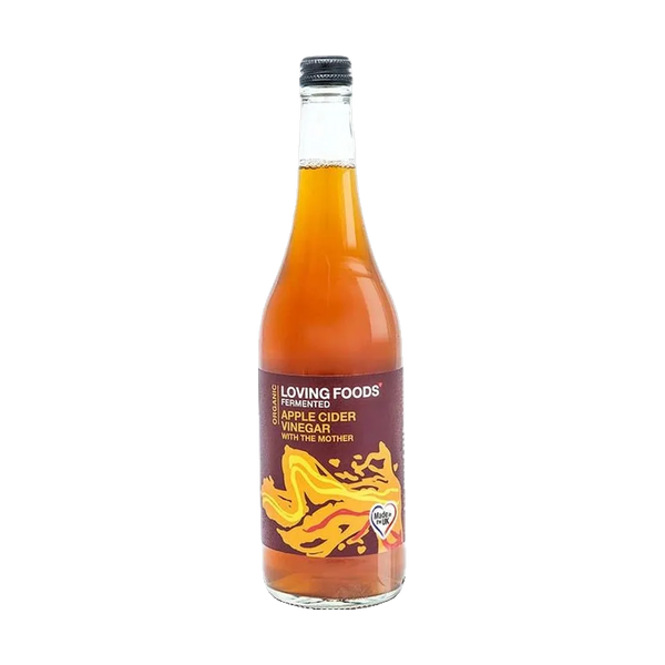 A 750ml glass bottle of Loving Foods organic apple cider vinegar with the mother.