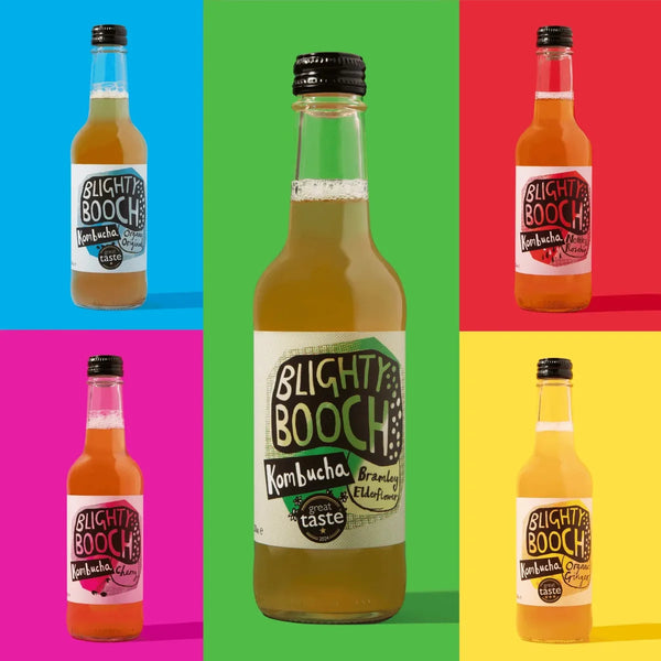 Five bottles of Blighty Booch Kombucha on colorful backgrounds