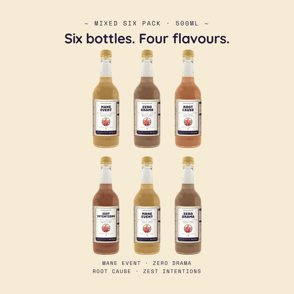 Six 500ml bottles of Gut Feeling kombucha: Mane Event, Zero Drama, Root Cause and Zest Intentions.