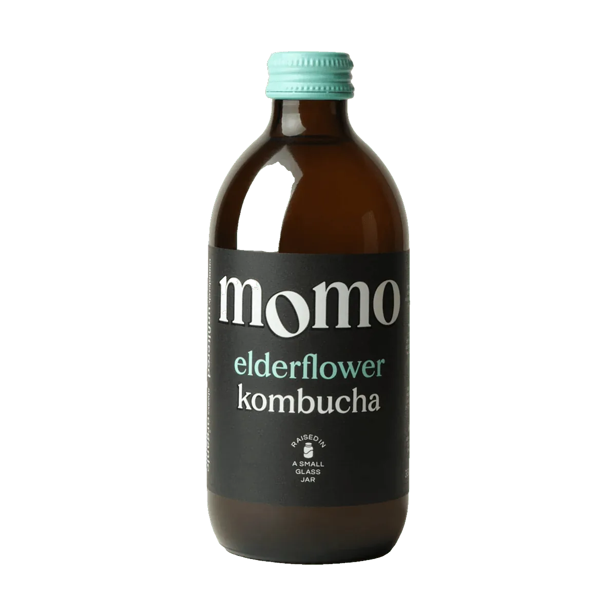 MOMO Elderflower raw kombucha in an amber glass bottle with a mint green cap and a black label with mint green lettering.