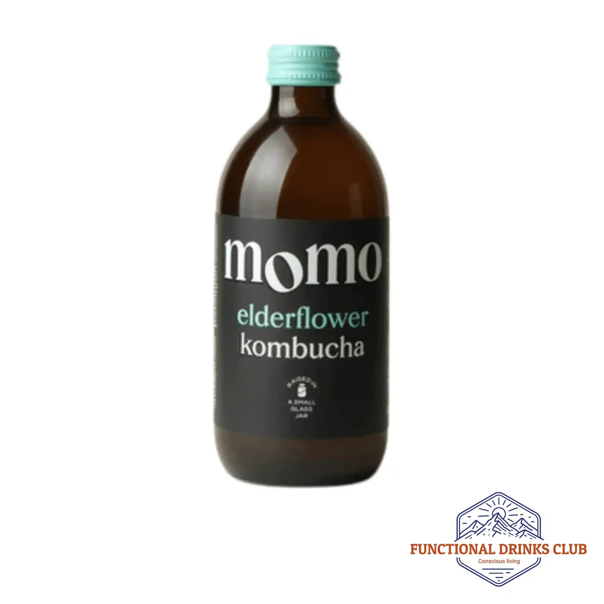 A bottle of MOMO Elderflower raw kombucha on a white background with the Functional Drinks Club logo.