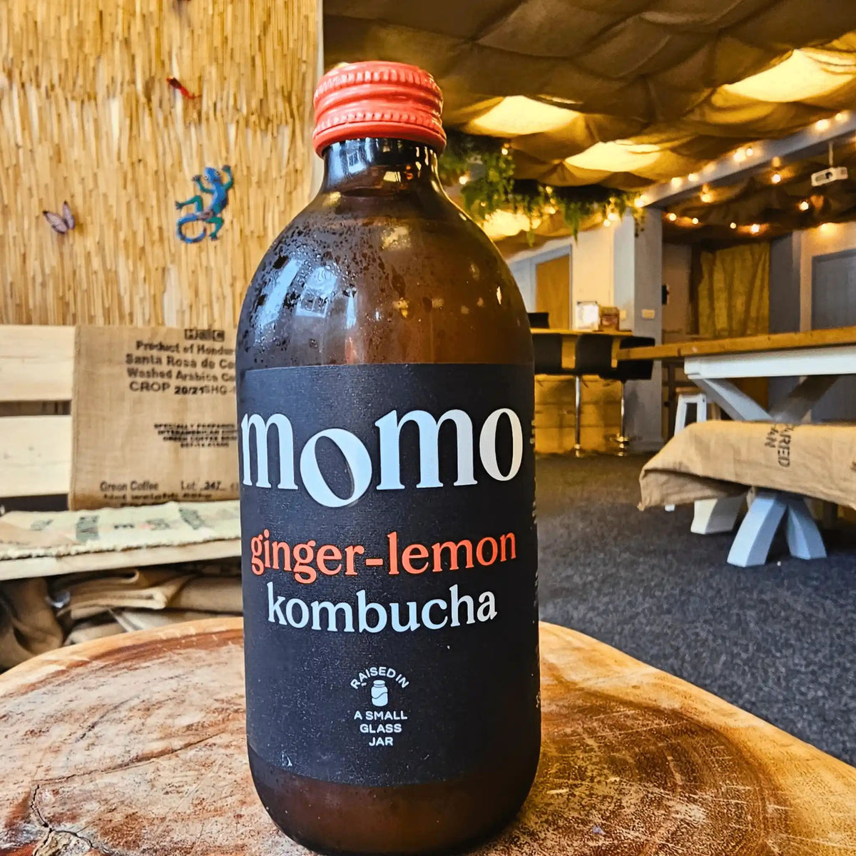 A bottle of MOMO Ginger & Lemon raw kombucha on a tree-trunk table in the Otley taproom.
