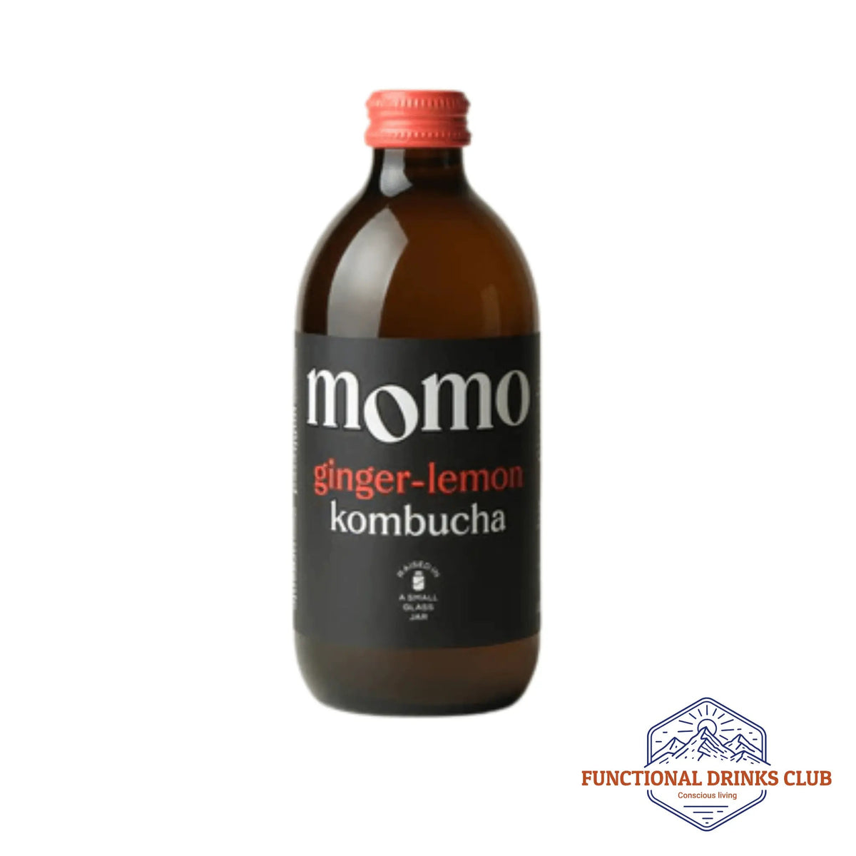 A bottle of MOMO Ginger & Lemon raw kombucha on a white background with the Functional Drinks Club logo.