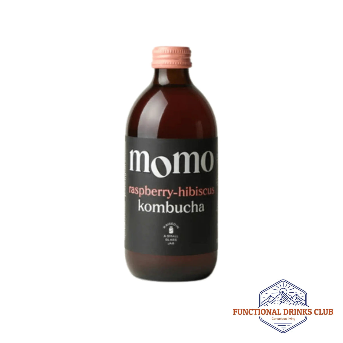 A bottle of MOMO Raspberry & Hibiscus raw kombucha on a white background with the Functional Drinks Club logo.