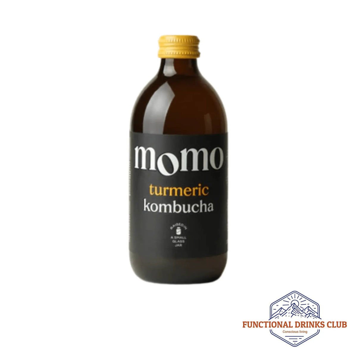 A bottle of MOMO Turmeric raw kombucha on a white background with the Functional Drinks Club logo.