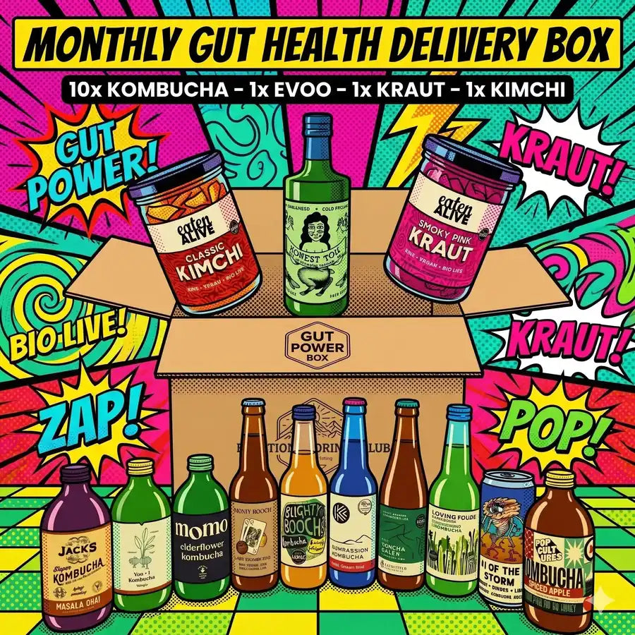 Gut health delivery box with various probiotic products on a colorful background